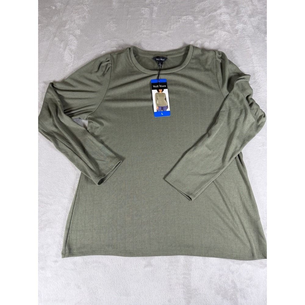 Well Worn Women's Olive Green Long Sleeve Ribbed Knit Top Minimalist Basic Large